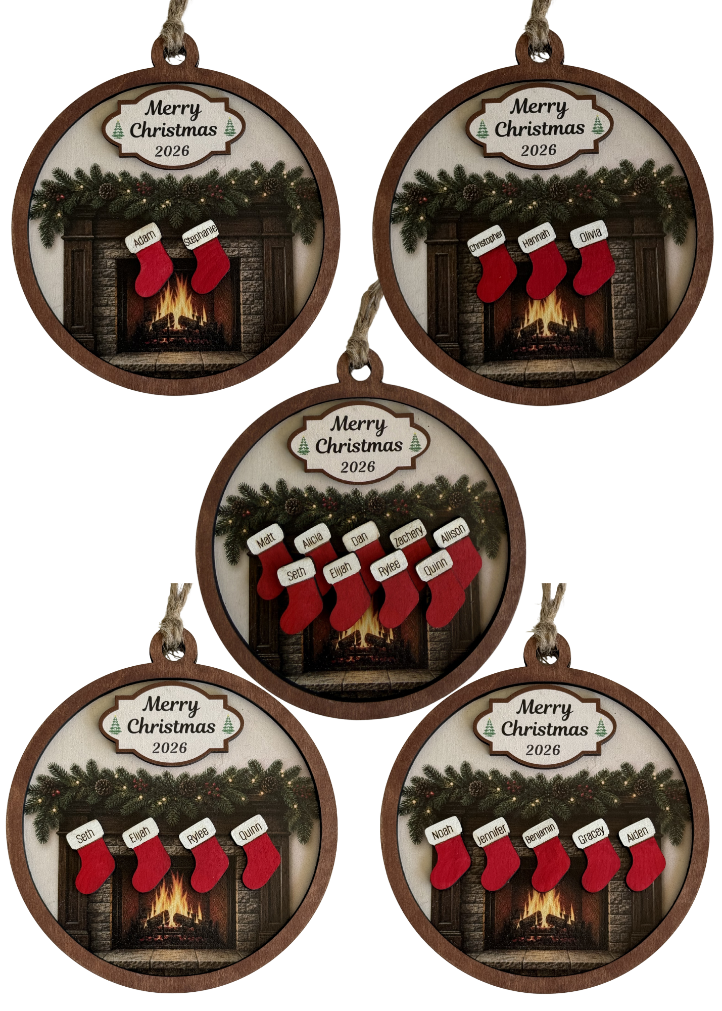 Personalized Family Fireplace Christmas Ornament | Custom Stocking Ornament | Wooden Family Christmas Ornament | Personalized Christmas Keepsake