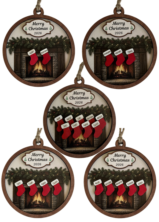 Personalized Family Fireplace Christmas Ornament | Custom Stocking Ornament | Wooden Family Christmas Ornament | Personalized Christmas Keepsake