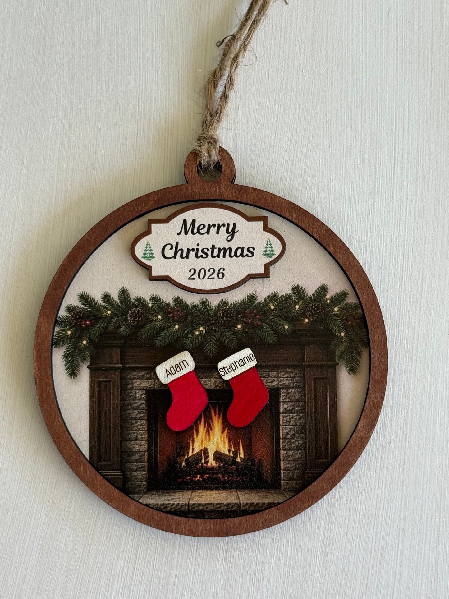 Personalized Family Fireplace Christmas Ornament | Custom Stocking Ornament | Wooden Family Christmas Ornament | Personalized Christmas Keepsake