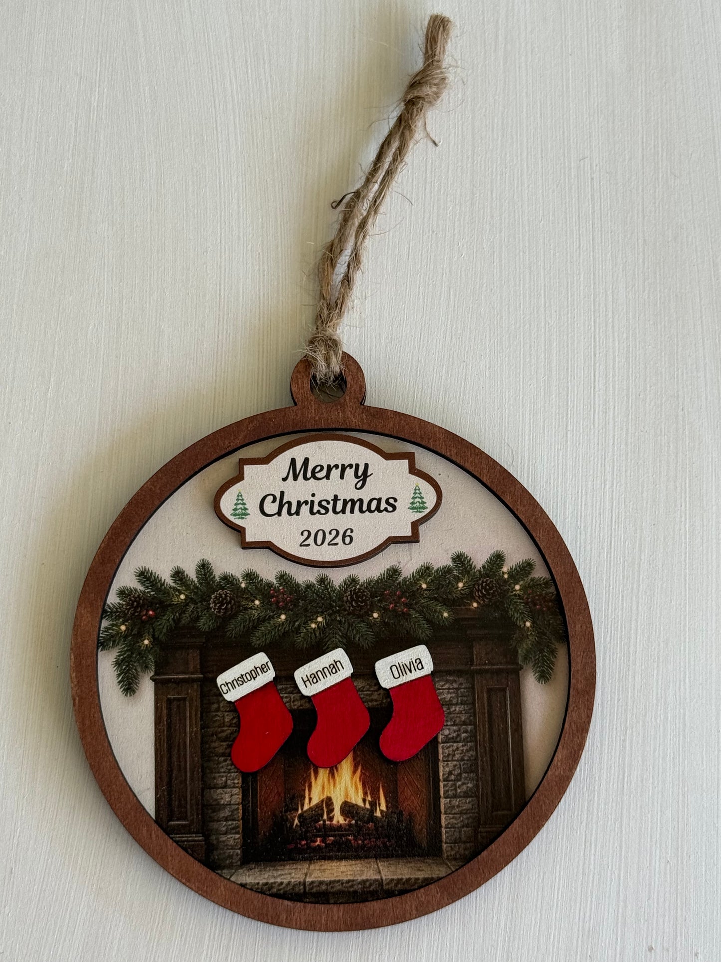 Personalized Family Fireplace Christmas Ornament | Custom Stocking Ornament | Wooden Family Christmas Ornament | Personalized Christmas Keepsake