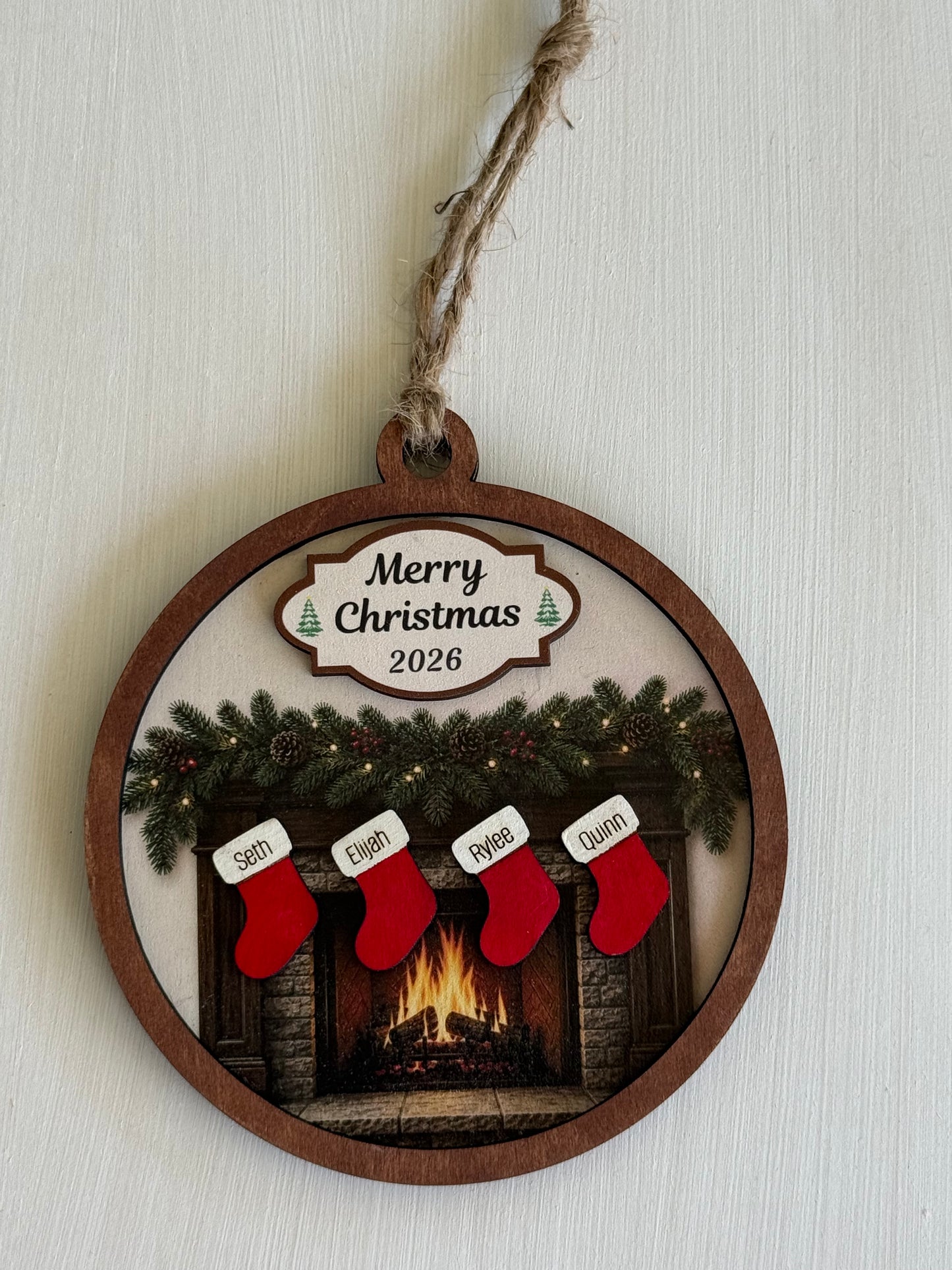 Personalized Family Fireplace Christmas Ornament | Custom Stocking Ornament | Wooden Family Christmas Ornament | Personalized Christmas Keepsake