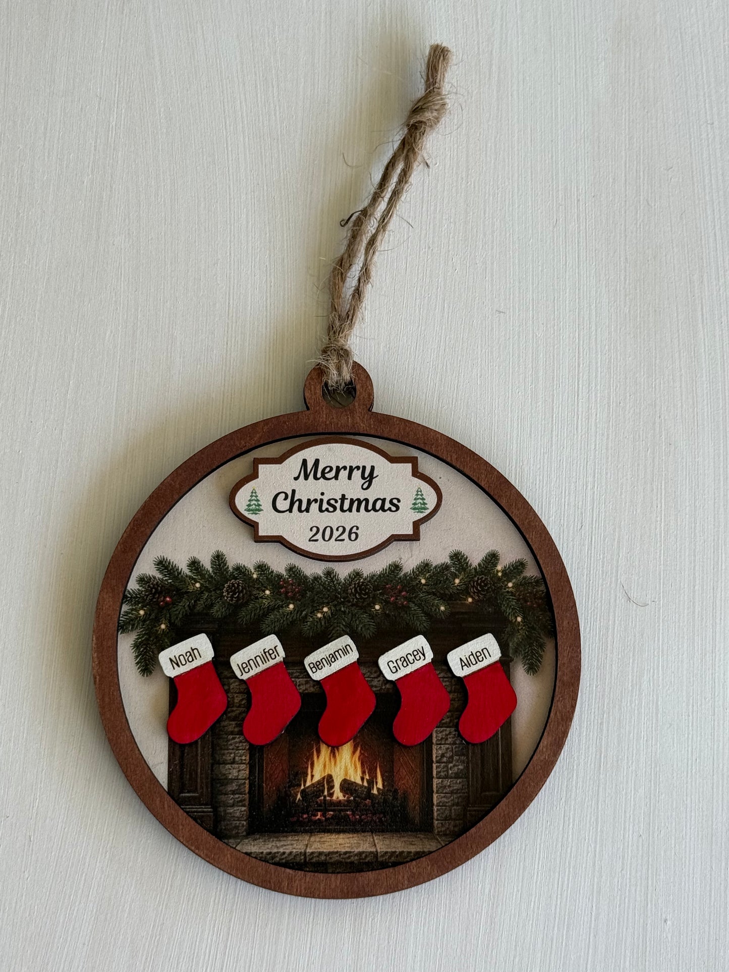 Personalized Family Fireplace Christmas Ornament | Custom Stocking Ornament | Wooden Family Christmas Ornament | Personalized Christmas Keepsake