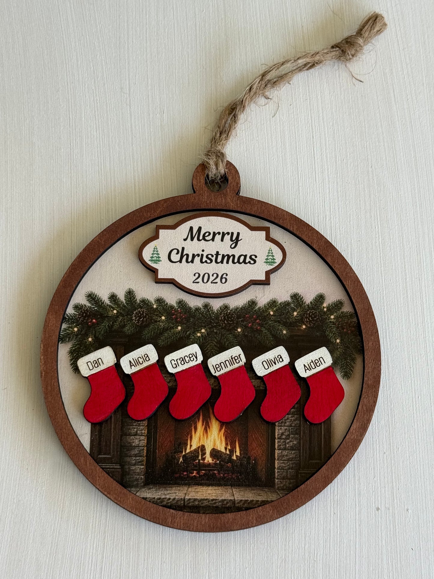 Personalized Family Fireplace Christmas Ornament | Custom Stocking Ornament | Wooden Family Christmas Ornament | Personalized Christmas Keepsake