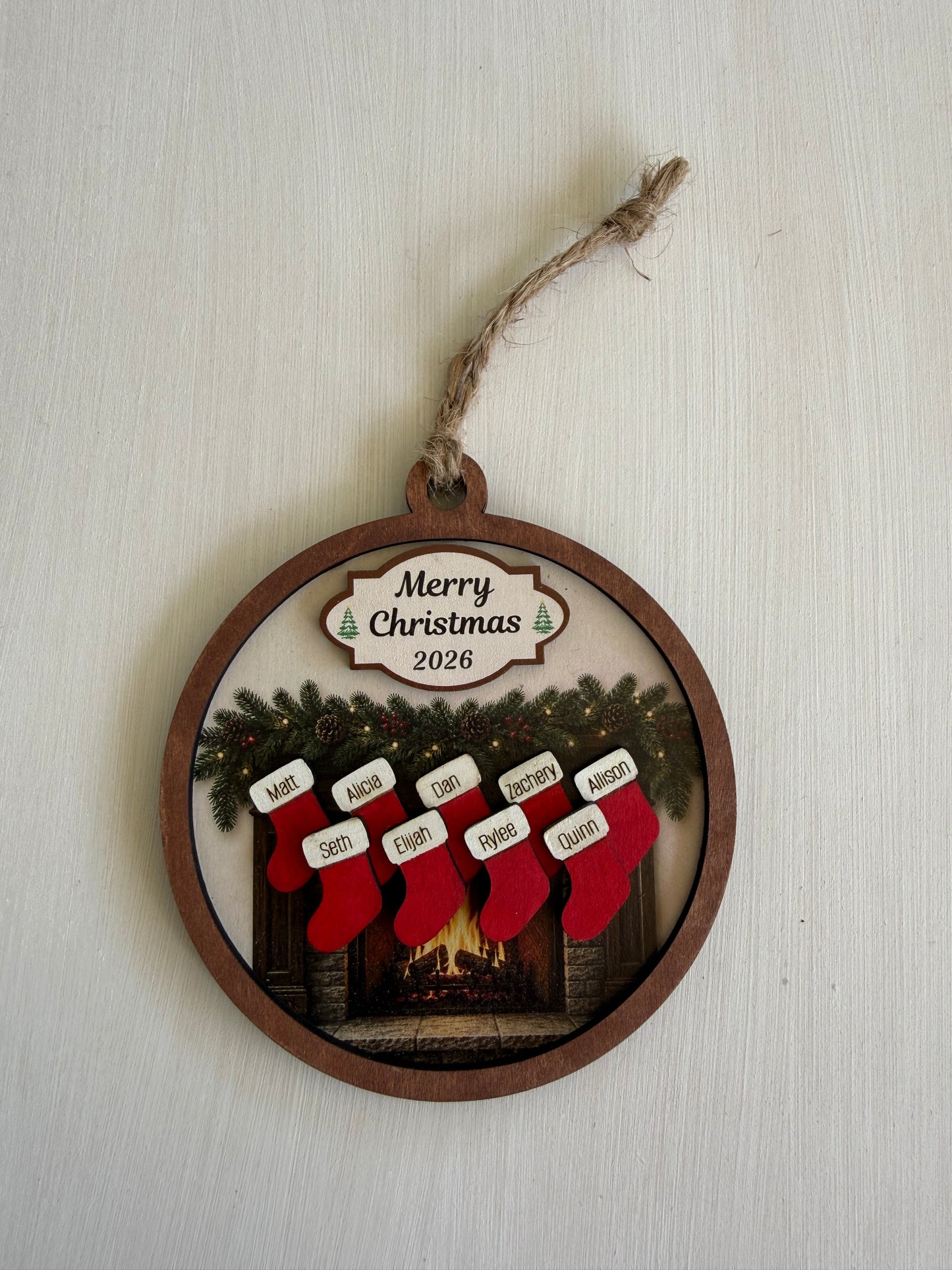 Personalized Family Fireplace Christmas Ornament | Custom Stocking Ornament | Wooden Family Christmas Ornament | Personalized Christmas Keepsake